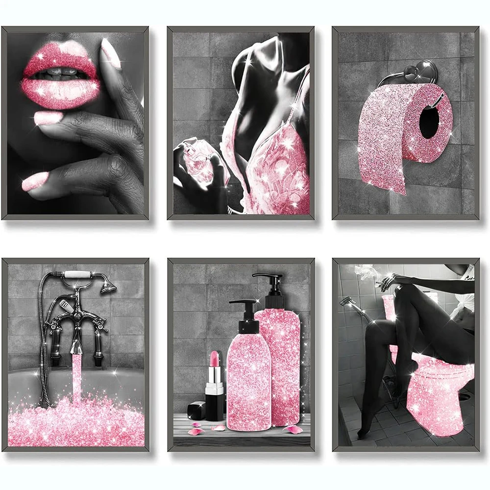 Pintura de diamante artesanal para decoración de baño, imagen moderna de Perfume para mujeres, decoración divertida de baño, rosa, Glam, blanco y negro, 2023