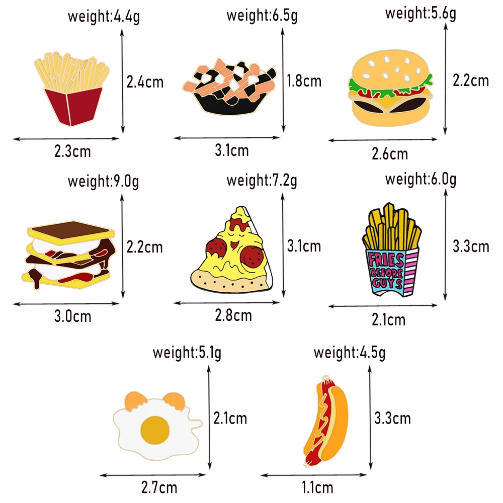 Fashion Fast Foods Enamel Pins Custom Cute French fries Pizza Hamburg Egg Brooches Lapel Badge Bag Cartoon Jewelry Gift for Kids