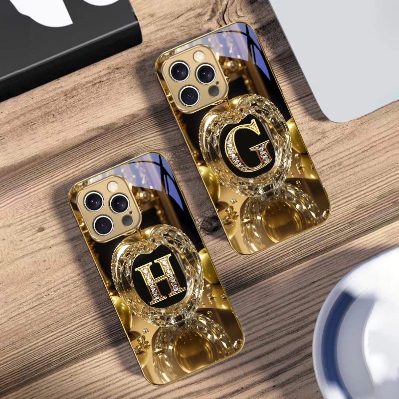 High end golden letter 'F' For IPhone 16 17Pro Max 15 P ro 14 13 Plus 12 Mini 11Pro Max XR 16E 17 Air Golden glass phone case