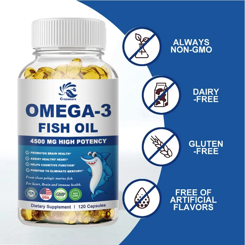 Greenture minyak ikan Omega-3 kapsul mendukung sistem saraf otak baik kardiovaskular & anti-peradangan & kesehatan kulit Antioksidan