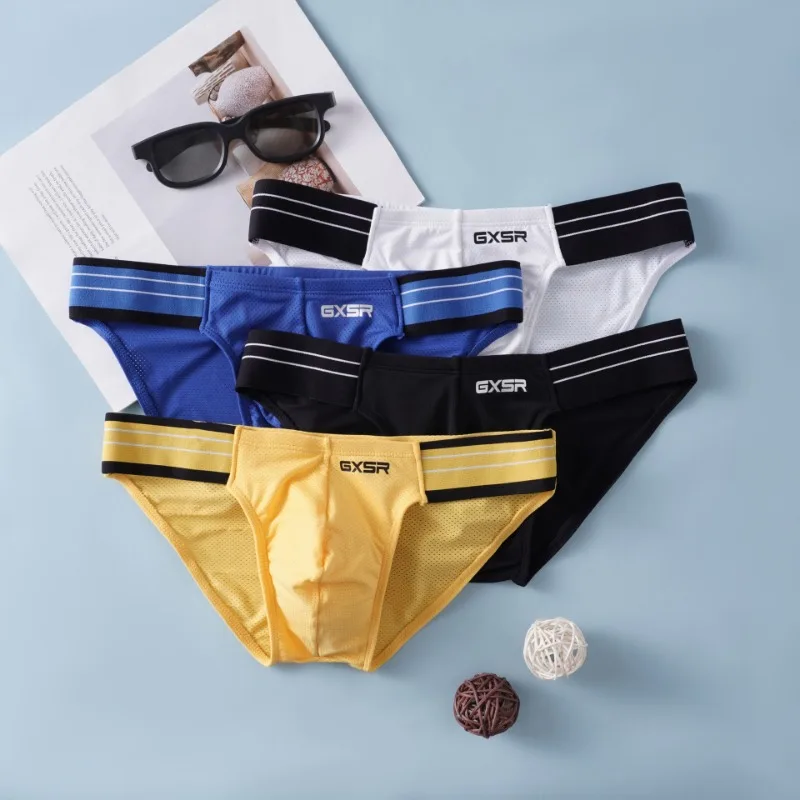 Solid color spliced side waist high fork men's briefs, threaded, ice silk fashionable, low waist sports hip lift men's underwear