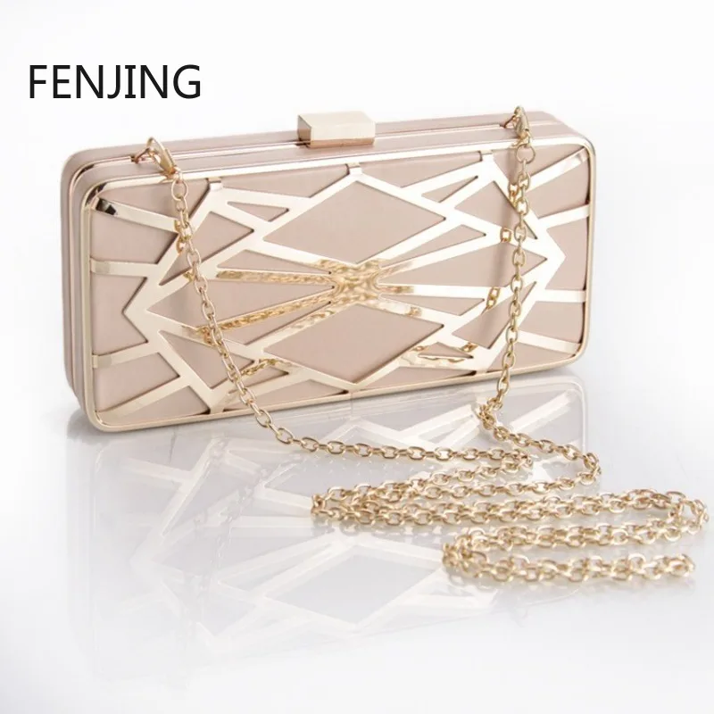 

2025 New Box Evening Party Bags Fashion Hollow Out Geometry Shoulder Bags Female Wedding Clutches and Purse Gold Luxury Handbags