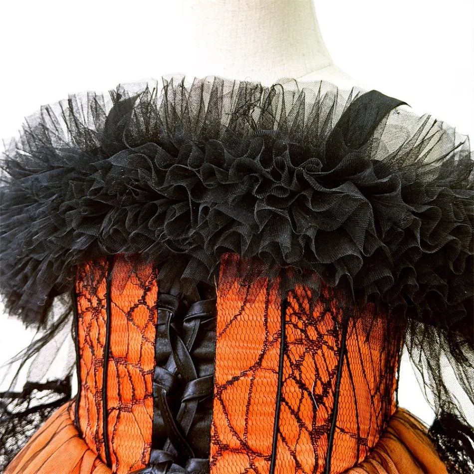 Mädchen Halloween Off-Shoulder Feder-Spitzenkleid Kinder Spinnennetz Tüll Tutu Kleid Schwarz Orange Cosplay Party Kostüm ASQ03 – Detail 9