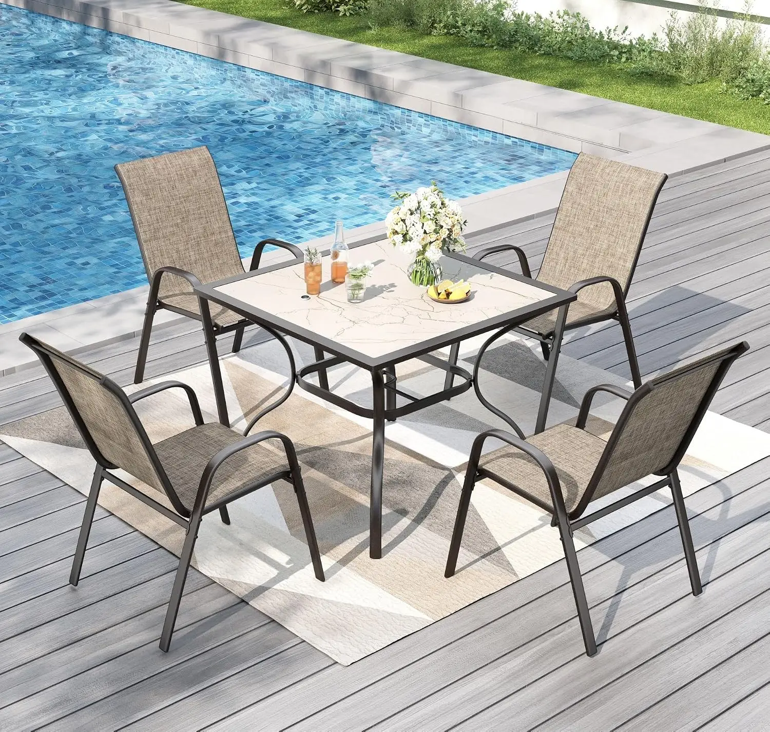 Stackable Outdoor Dining Set 4, Mesh Chairs & 37'' Square Table, Rust-resistant Frame for Patio Deck Lawn, Customized