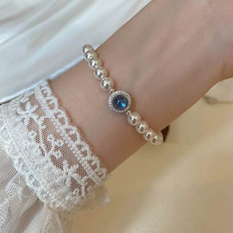 Pearl Bracelet Fashion Blue Gem Pearl Bracelet for Women's Light Luxury and Minority Retro Bracelet Birthday Gift