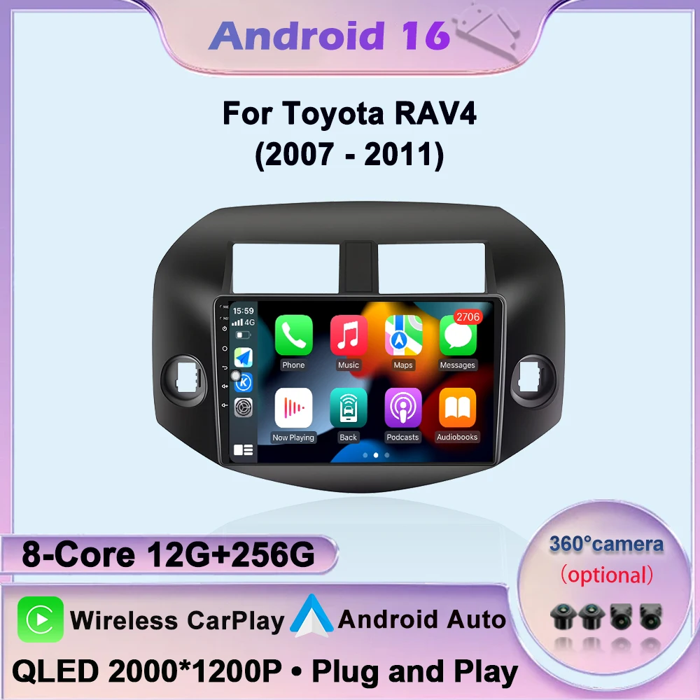 Android 16 Wireless CarPlay For Toyota RAV4 2007-2011 Car Radio Lntelligent Multimedia Player Auto WIFI 4G DSP GPS
