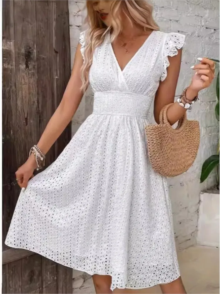 Vestido de noche blanco de verano para mujer, ropa informal ajustada con manga de pétalo, cuello en V, vacaciones, playa, graduación