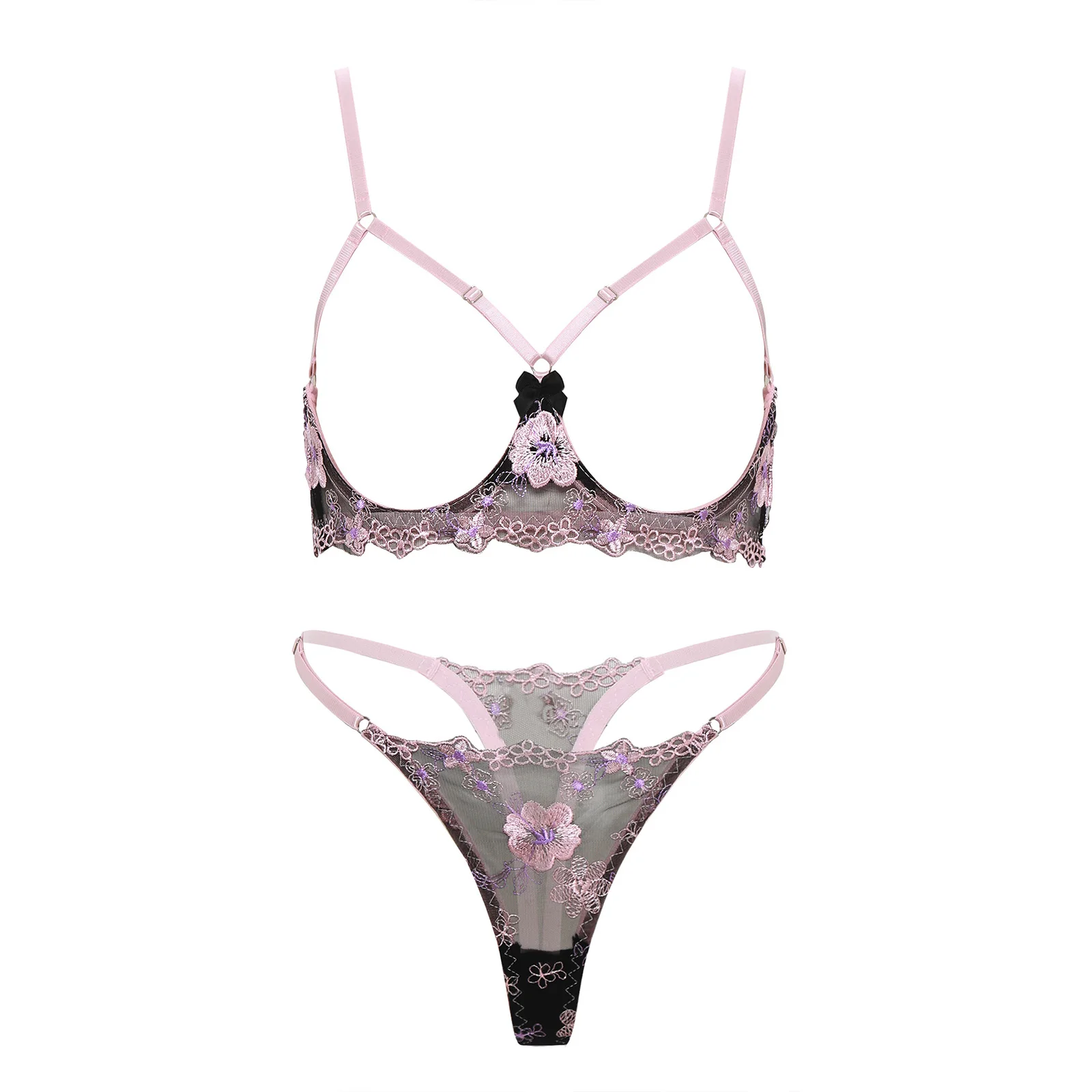 

Women's Lace Breast Hollow Out Bra Tops with Lace T-back Thongs Charming Dirty Flirting Nightwear for Couple's Role Play Games