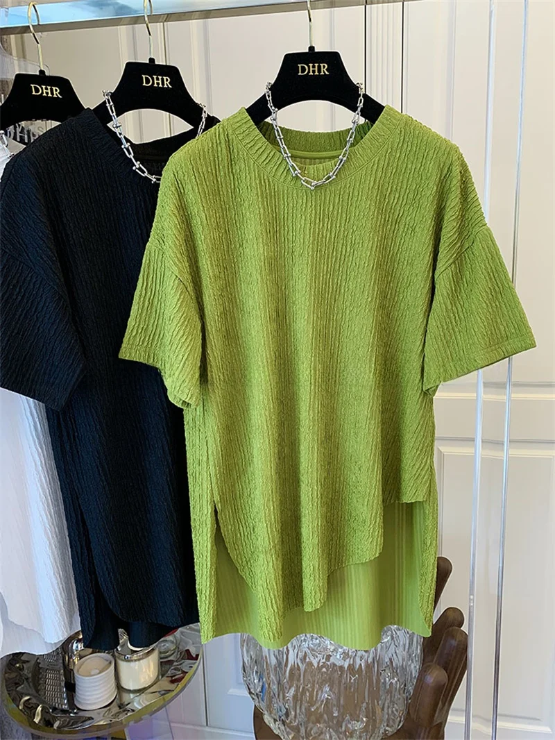 

Loose Casual Green Texture Folded Short Sleeve T-Shirt Women's Summer New Style Commute Style Korean Version Polyester Cotton...