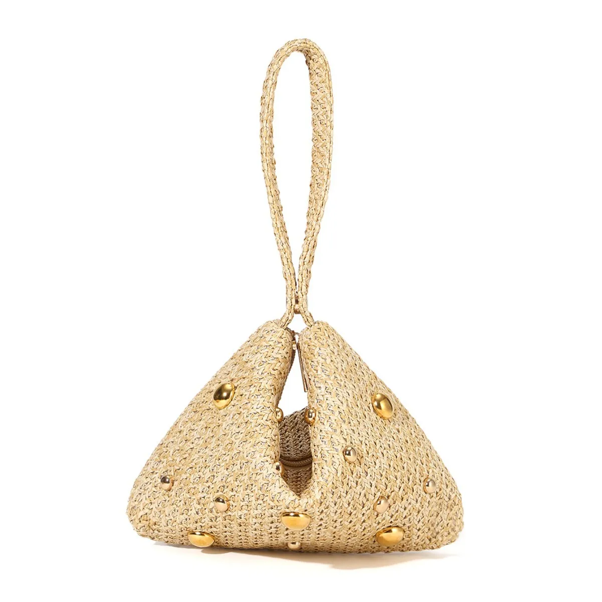 Niche Design Triangle Straw Handbag for Women Gold Stud Decor Woven Clutch Magnetic Snap Summer Beach Portable Wrist Bag Ladies