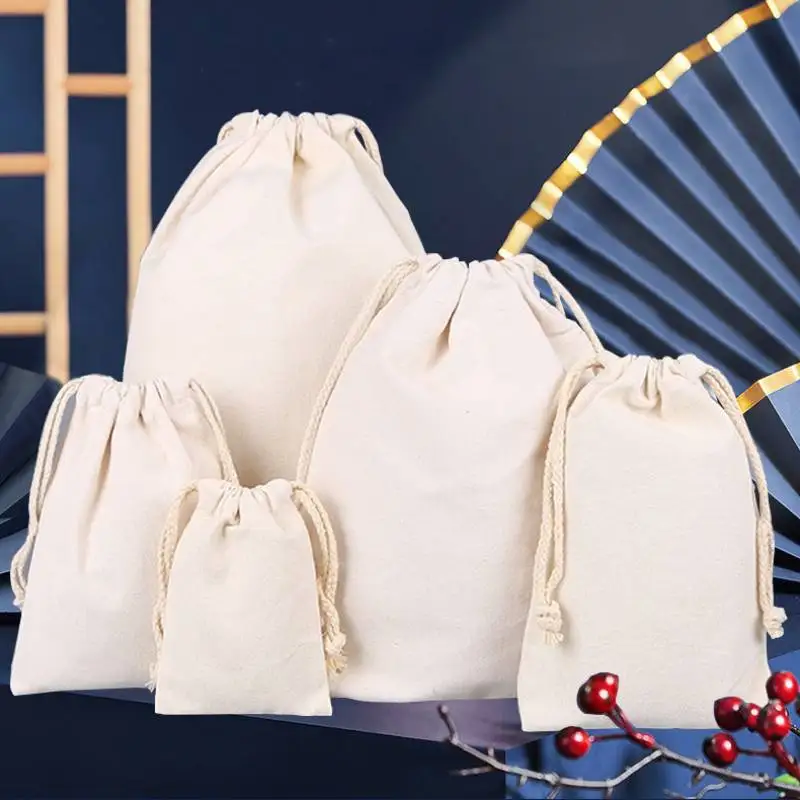 재사용 가능한 흰색 드로스트링 캔버스 가방, 휴대용 캔버스 보관 가방, 가정용 핸드백, 쥬얼리 식료품 의류 보관 용품