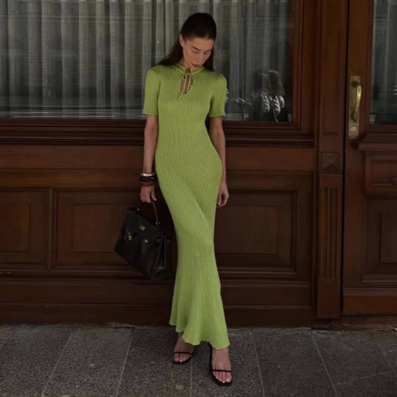 

2023 летнее новое женское трикотажное длинное платье с высокой талией и короткими рукавами, женское облегающее элегантное платье-свитер в стиле ретро