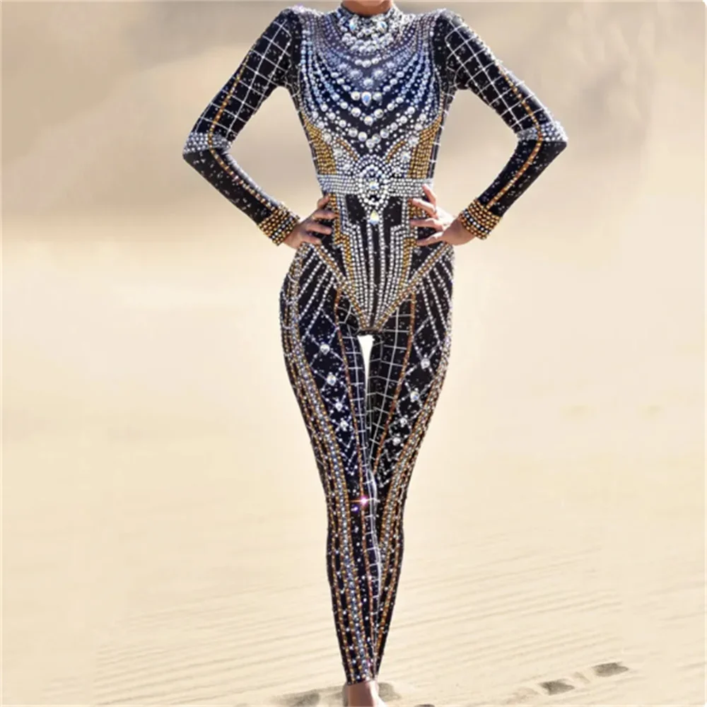 Fashion Printed Spandex Stretch Crystals Jumpsuit Sexy Rhinestones Leggings One Piece Women\'s Stage Costume Nightclub Bar nr