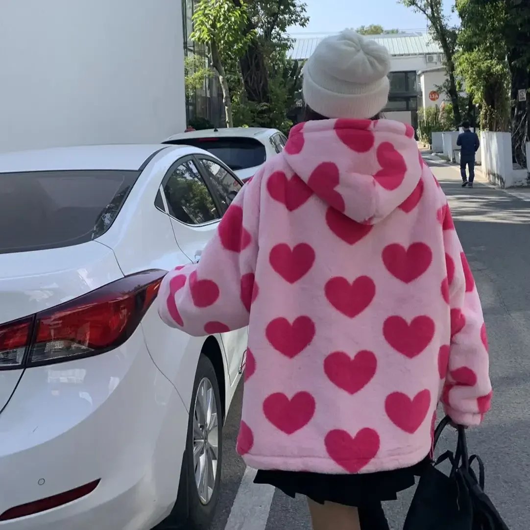 Chaqueta de felpa con estampado de corazón Harajuku para mujer, Abrigo con capucha de manga larga coreano, ropa de calle gruesa y cálida para