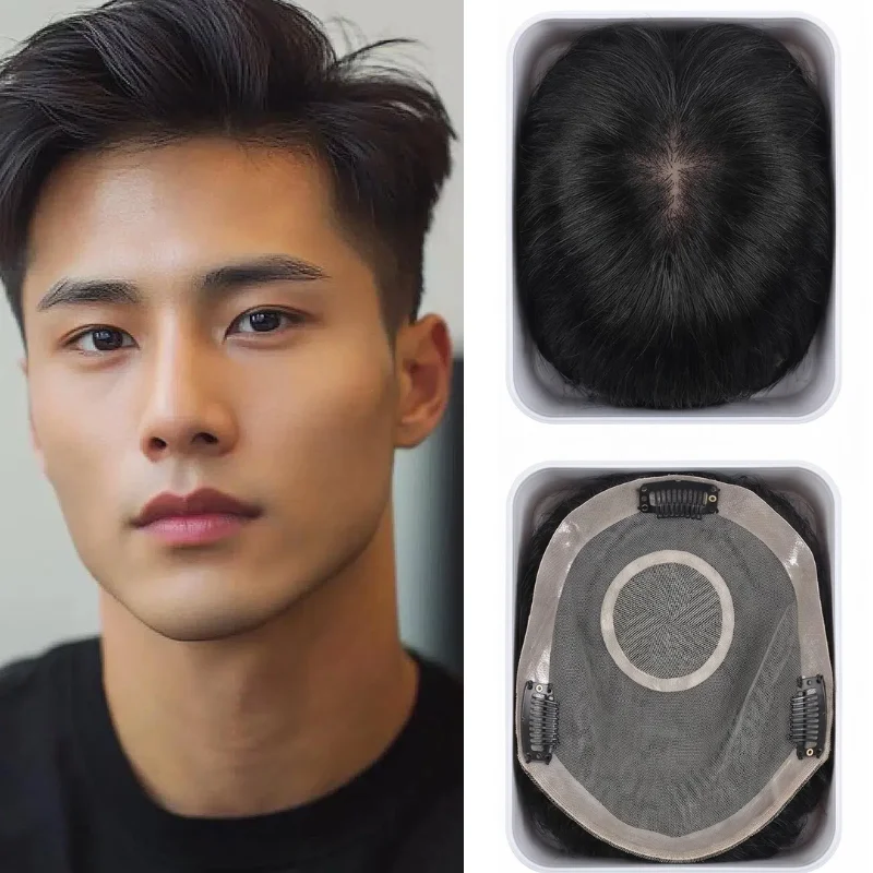 

6 Inch 100% Human Hair Men Toupee Mono Skin PU Sides Lace Mesh With Snap Clips Hand Tied Base Jet Black