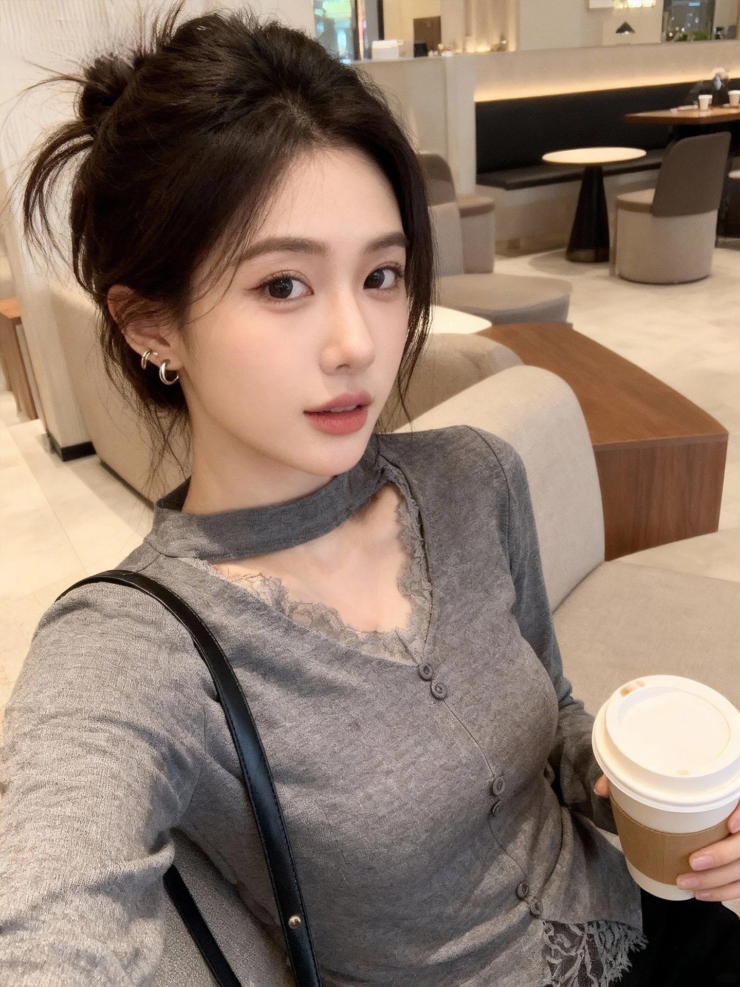 Coréen Sle ey dentelle Ne v-ne Long Sve femmes T-shirt tricoté coupe ajustée ort Design automne hiver haut Faionable