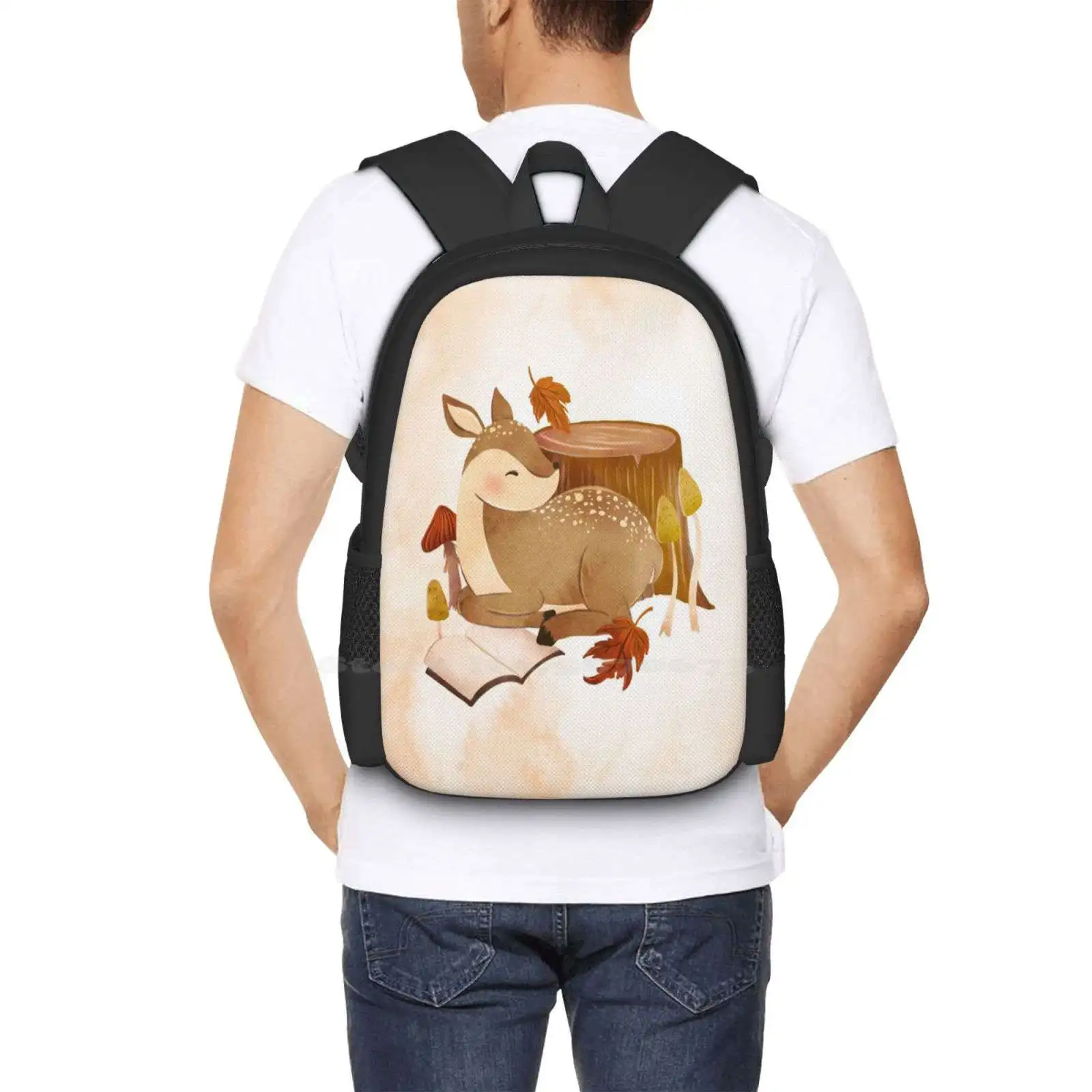 Bookish Fawn Fashion Pattern Design Travel Laptop School Backpack Bag Deer Autumn Fall Literary Literature Animal Cute Woods