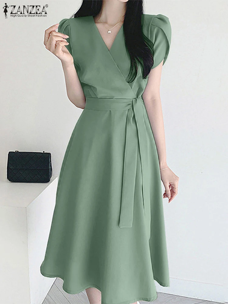 Frauen Stilvolle Solide Midi Kleider 2025, ZANZEA Sommer Elegante OL Arbeit Sommerkleid Mode V-ausschnitt Kurzarm EINE Linie Party Vestidos