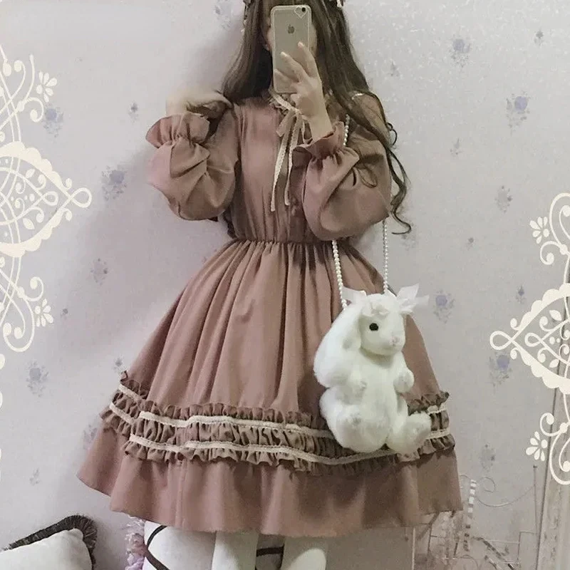 NONSAR Classical Lolita Dress For Women Soft Sisters Temperament Long Sleeve Girls Op Sweet Cute Daily Bow Dress HOT SALE