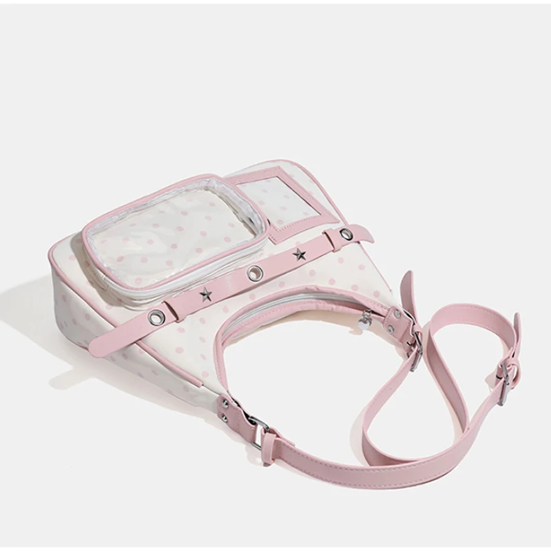 Polka Dot Ita Bag mit transparentem Sichtfenster, Damen-Schultertasche mit Patchwork-Gürtelschnalle, süße, niedliche, lässige Alltagstasche – Detail 6
