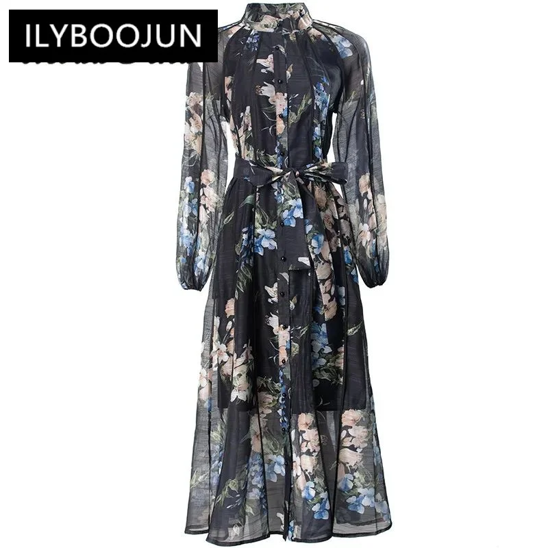 

ILYBOOJUN Fashion Designer Summer Women's Dress Floral Print Chiffon Single Breasted Temperament Pleated Lantern Sleeve Dresses