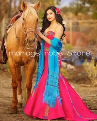 Charro Horse Mermaid Prom Occasion Dresses 2024 Fuchsia Pink Embroidery Floral Sweetheart  Mexican Birthday Evening Gown