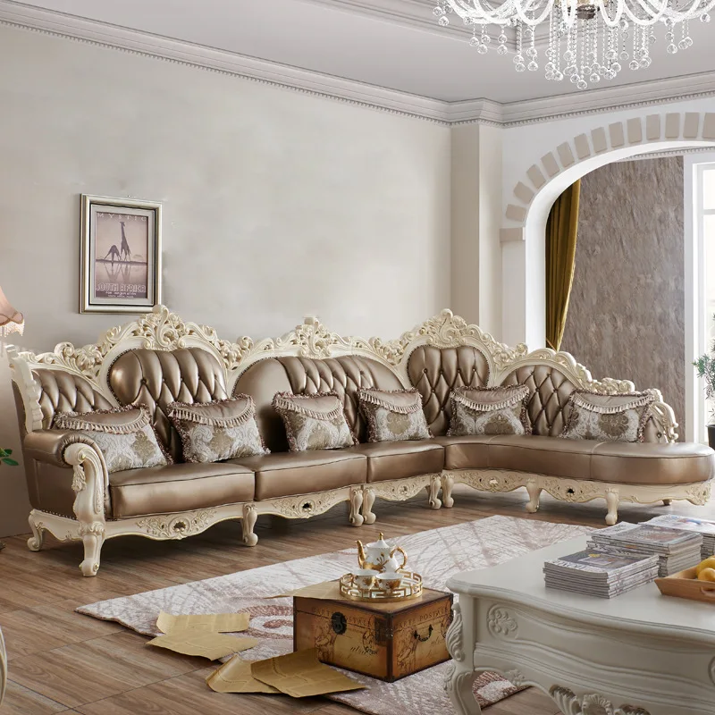 Living room corner leather sofa solid wood carving flower leather sofa with concubine chair corner sofa