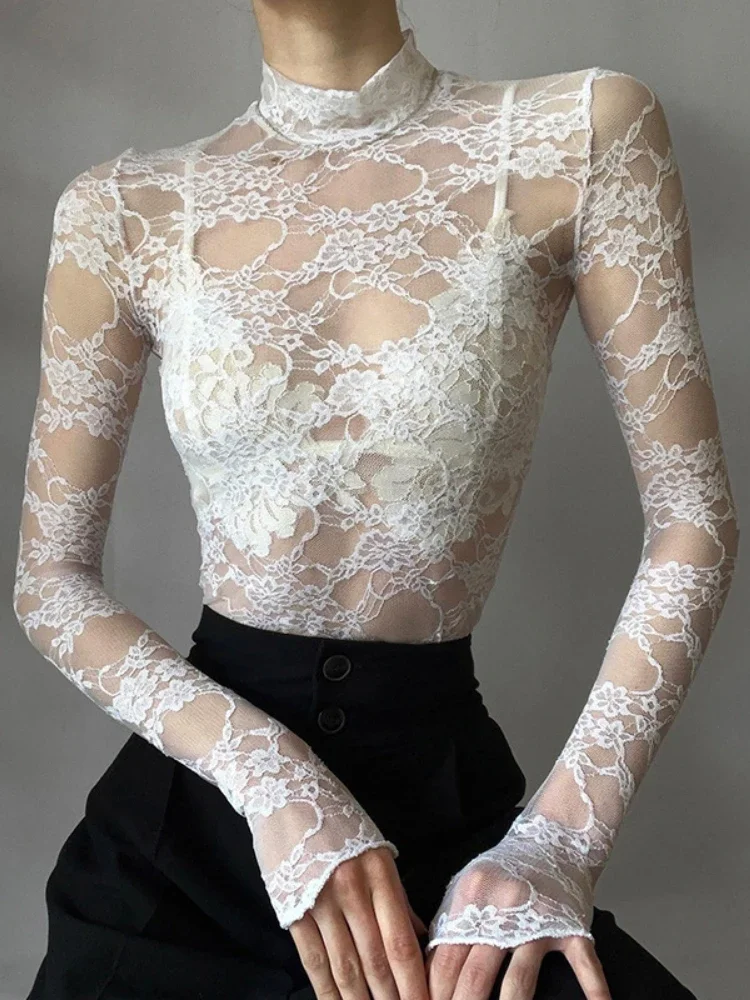 

White Lace Feminist Shirt See Through T Shirt Women Aesthetic Clothes Long Sleeve Turtleneck Y2k Crop Top Ropa Mujer Camisetas