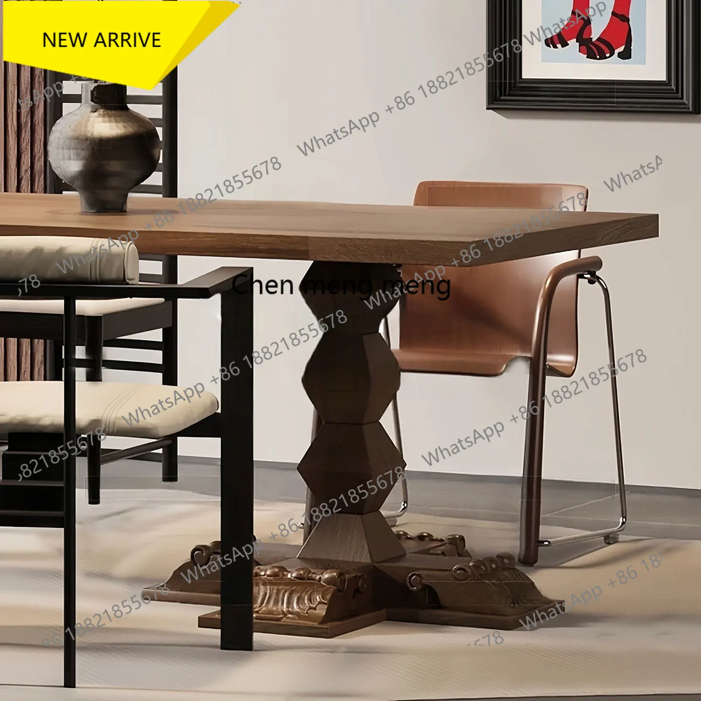 

Q178 Американский ретро обеденный стол из цельного дерева, домашний креативный ресторан, резной прямоугольный обеденный стол