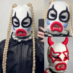 Clown Balaclava Hat with Horn Neck Warmer Knitted Hat Winter Party Photography Props Full-Head Halloween Costume