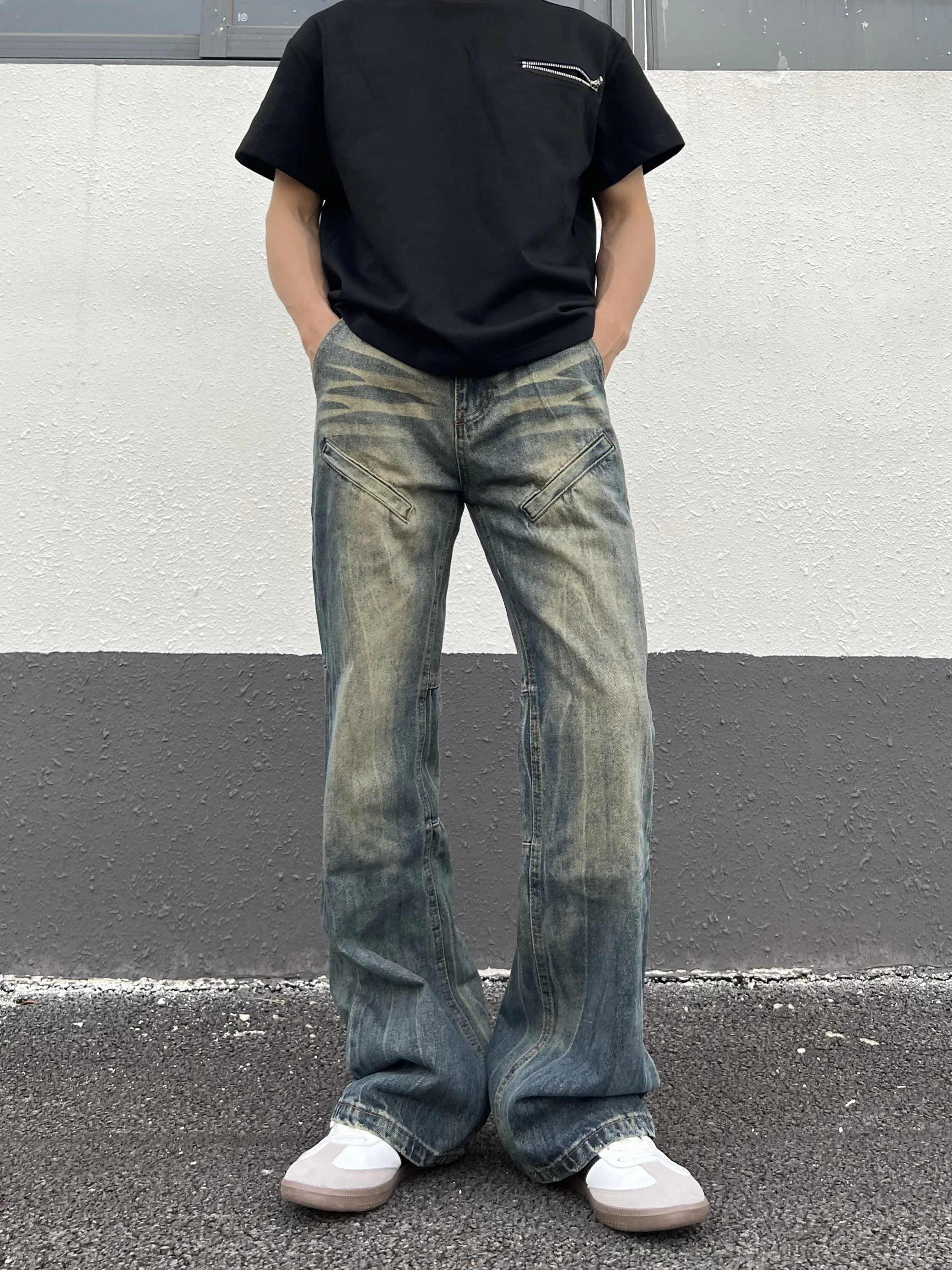 

W709 American Retro Waed Yellow Mud Stained Straight Leg Jeans Loose Casual Pants for Men Youth Faion Breathable Jeans