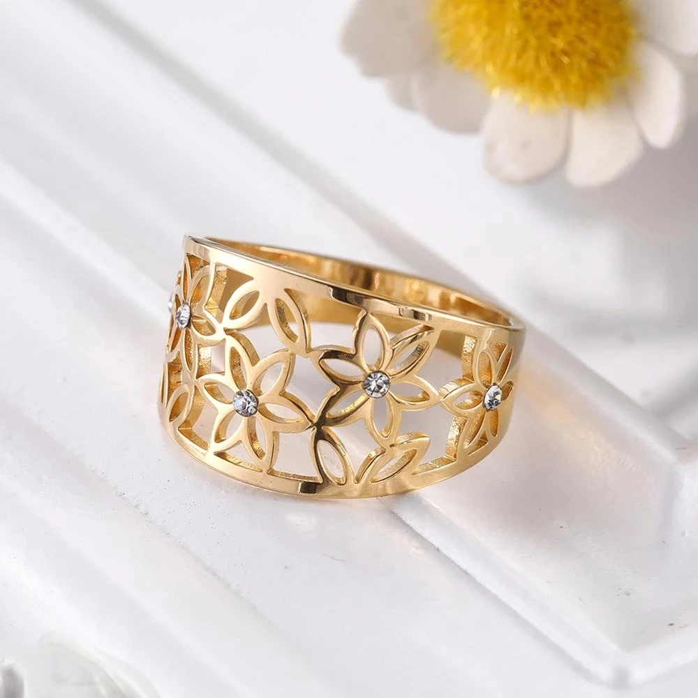 Teamer Elegant Filigree Flower of Life Zircon Finger Ring Women Gold Color Stainless Steel Engagement Ring Jewelry Wedding Gifts