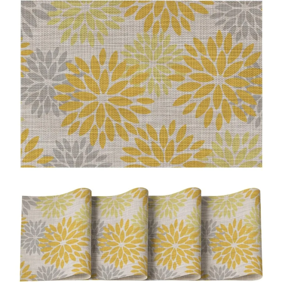 

Floral Plastic Placemats Set of 4 12x18 Inch Washable NonSlip Plastic Vinyl Place Mats for Party Kitchen Dining Decor Yellow Id