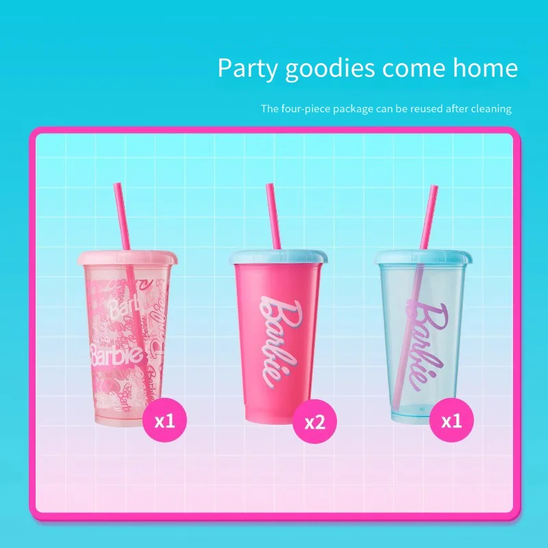 Miniso Genuine Products Sunshines Series Cute Cartoon Home Party Plastic Straw Cup 520Ml 4Pcs for House Convenient Use Girl Gift