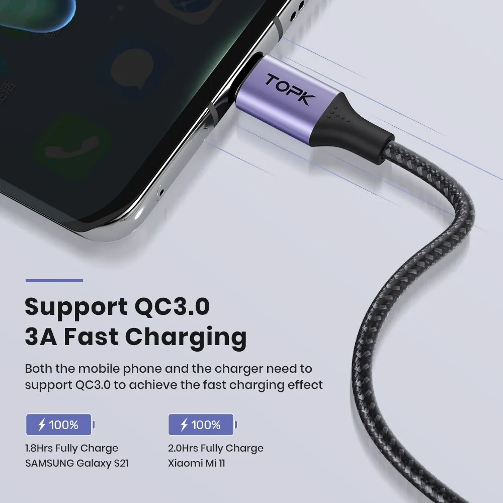 TOPK-Câble Micro USB Type-C 3A pour recharge rapide, cordon de chargeur pour téléphone portable Xiaomi Redmi Note 10/9