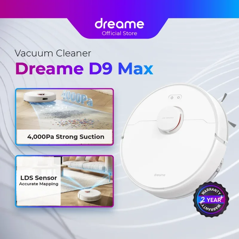 Global dreame D9 MAX หุ่นยนต์ดูดฝุ่นและไม้ถูพื้น | ดูดแรงสูง4000Pa | กวาดและถู2-in-1, ใช้งานได้นาน150นาที (สีขาว)