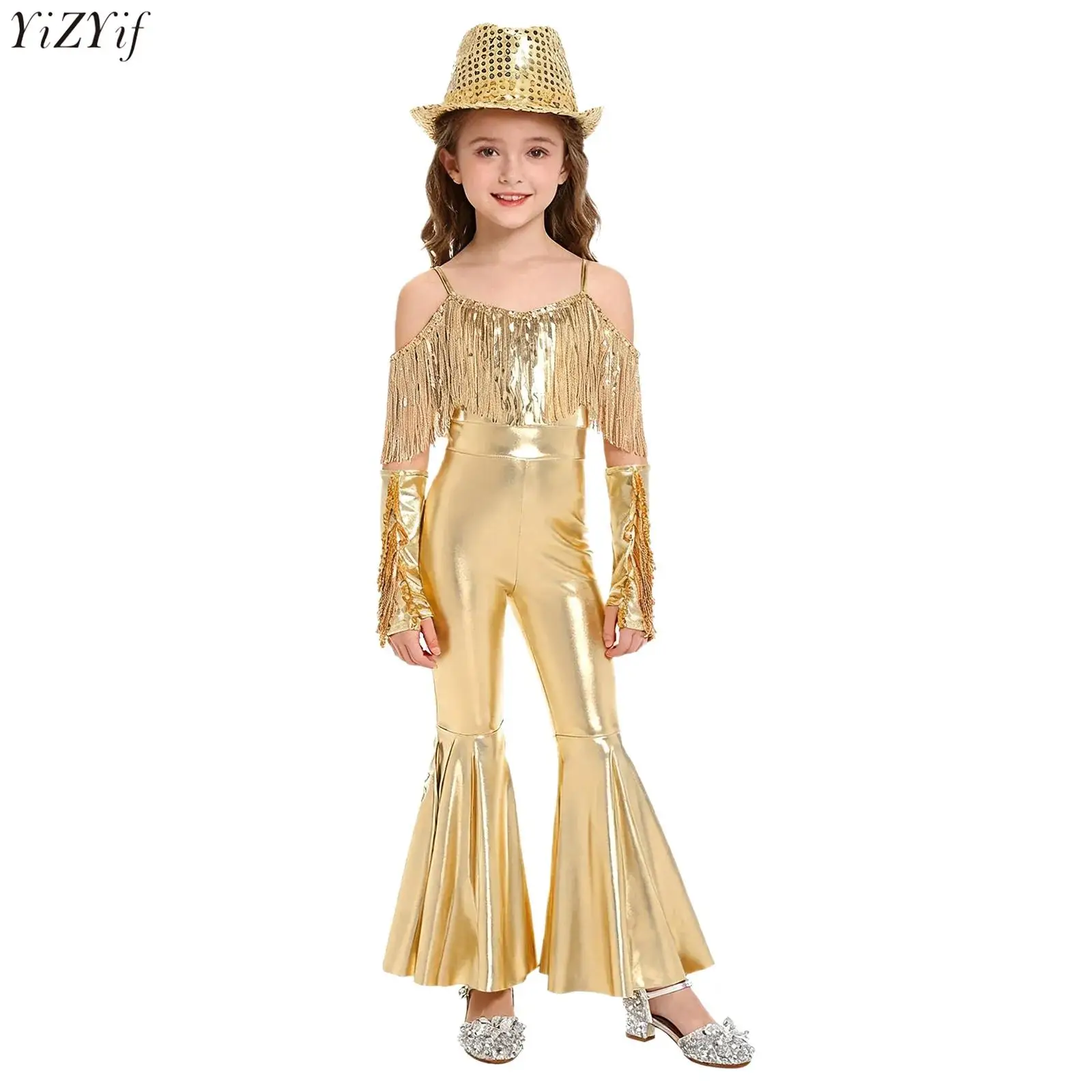 

Kids Girls Sequins Latin Jazz Dance Costumes Tassel Gymnastics Full Length Bodysuit Ballet Fringed Jumpsuits + Hat Performance