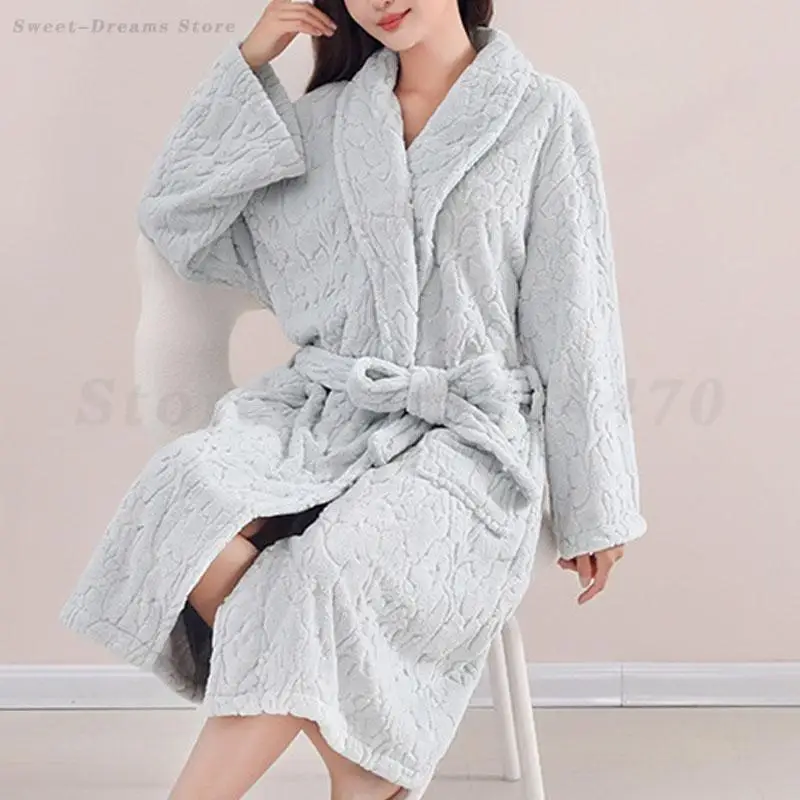

Women Flannel Robe Sleepwear Autumn Winter Thicken Warm Bathrobe Kimono Gown Loungewear Loose Coral Fleece Nightwear Pajama