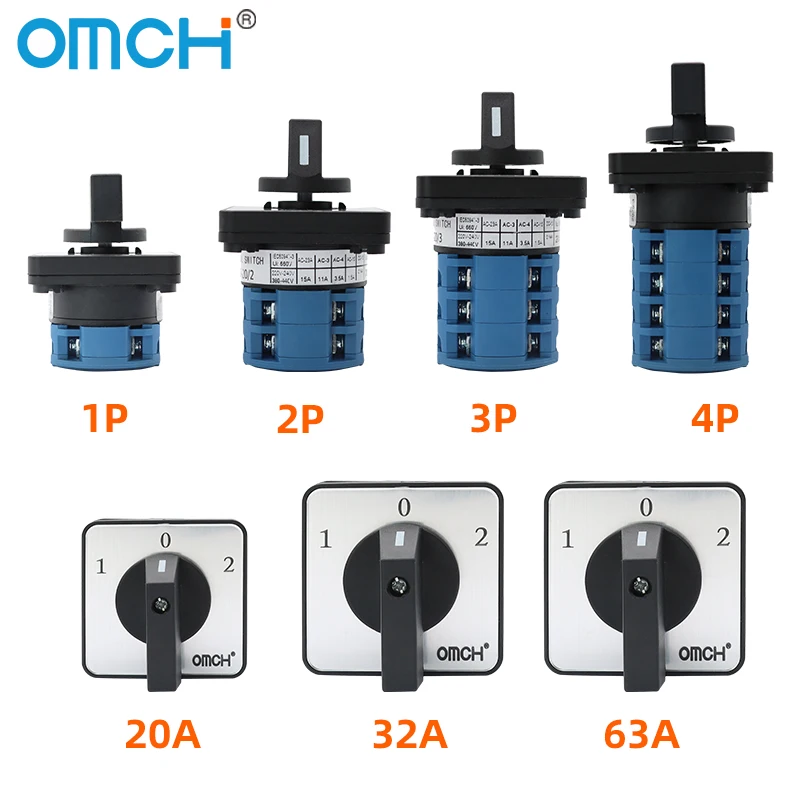 OMCH LW26-20/32/63 مفتاح كاميرا دوارة 3 موضع 1-0-2 1/2/3/4 أقطاب اتصال فضي 440 فولت 4/8/12/16 محطات مفتاح عالمي