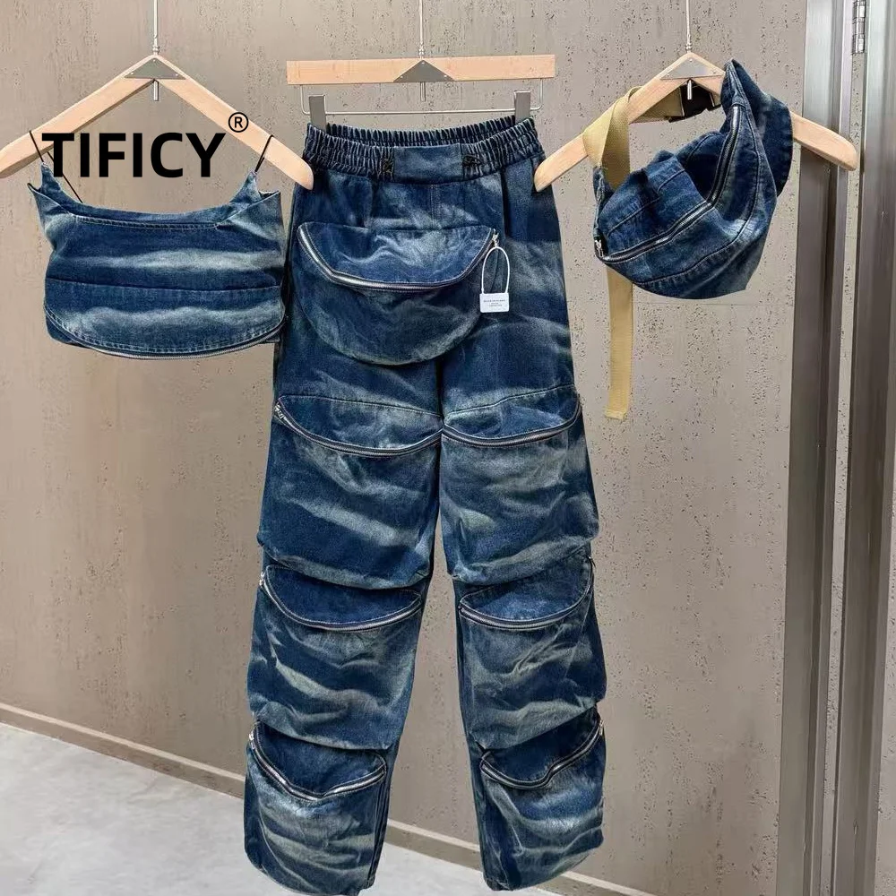 High Street 2pcs Set Women's Summer Workwear Style Denim Wide Leg Pants Multiple Pockets Slanted Backpack Straps Three Piece Set