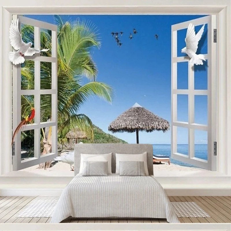

Simple European-style window view summer charm Mediterranean TV luxurious home decoration bedroom background wall