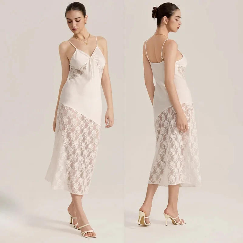 

Sexy Strap Nightgown Women Sleepwear Nighty Gown Intimate Lingerie Summer Lace Hollow Out Nightdress Silky Satin Home Clothing d