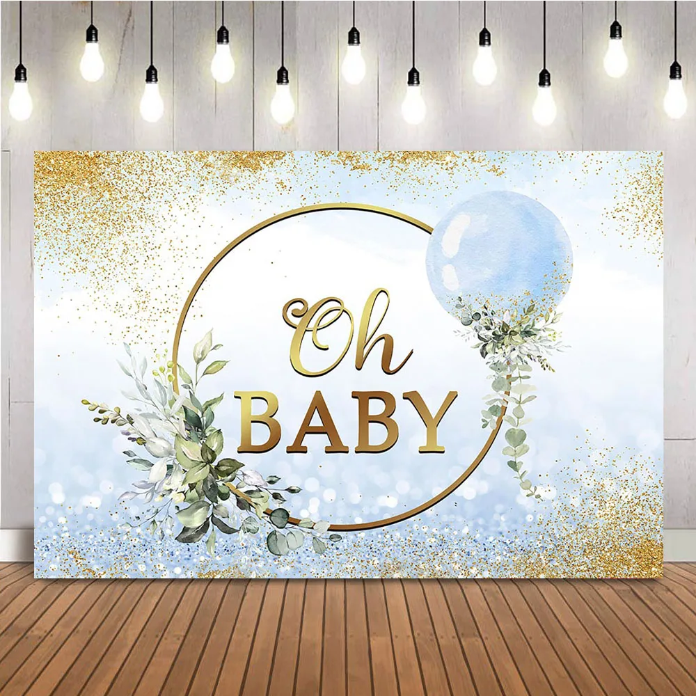 Gold Glitter Oh Baby Backdrop Sliver Bokeh Glitter Gender Reveal Photo Booth Background Greenery Green Leaves Photocall Banner