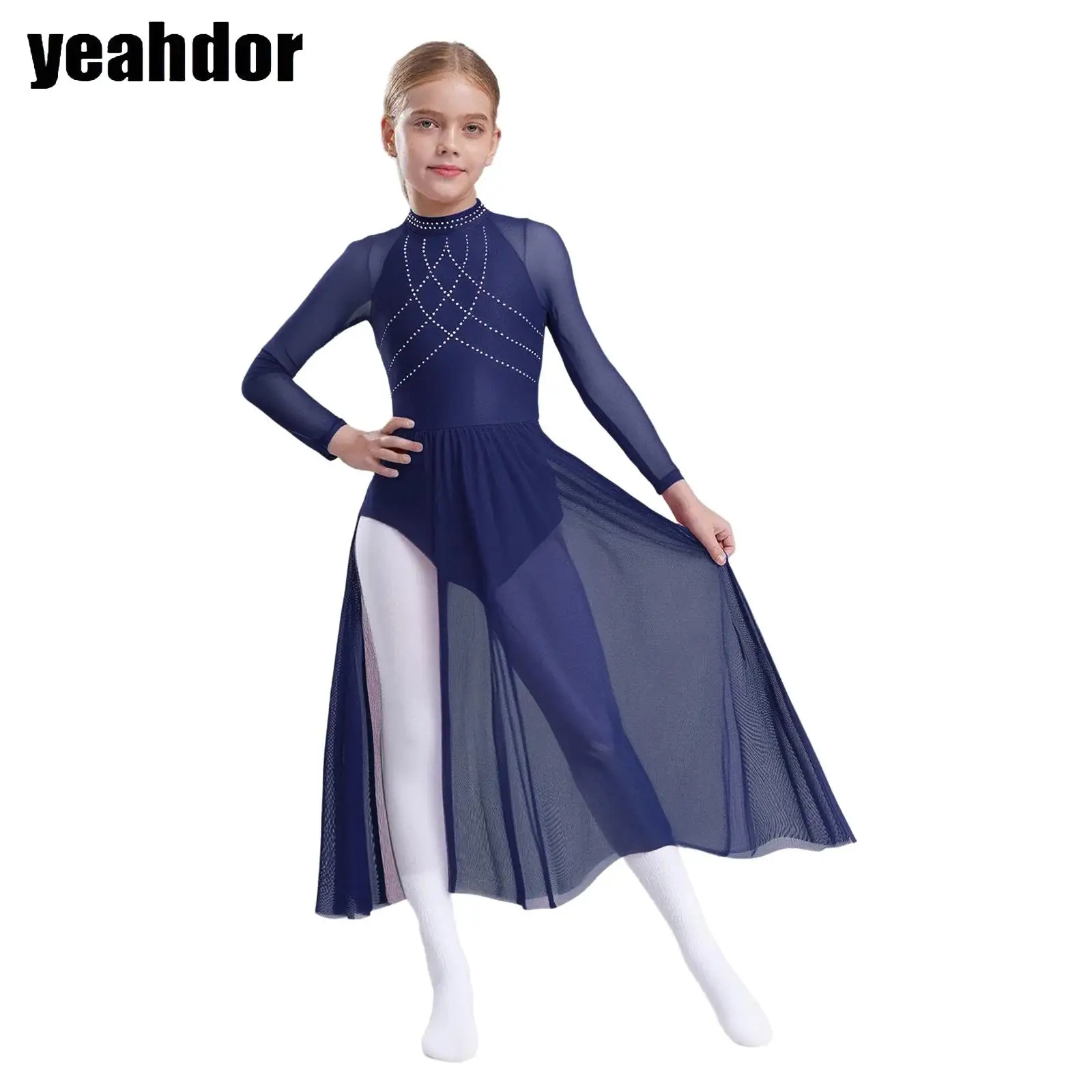 

Girls Lyrical Dance Dress Long Sleeve Rhinestones Sheer Mesh Split Leotards Ballet Gymnastics Skating Contemporary Dance Costume