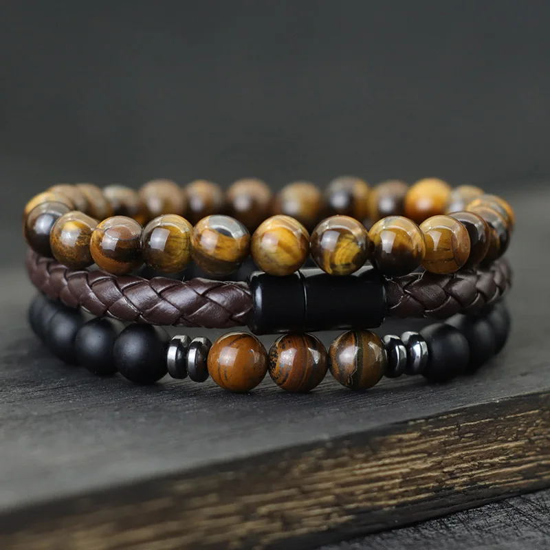 Noter 3pcs Men Bracelet Set 8mm Natural Onyx Tiger Eyes Stone Braclet Homme Magentic Clasp Leather Braslet Pulsera Hombre Gift