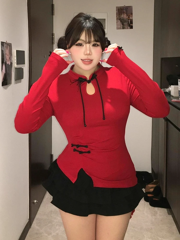 plus Size Red Chinese Style T-Shirt with Button Detailing Slimming Long Sleeve Women's Fashion Autumn Wear for Plump MM