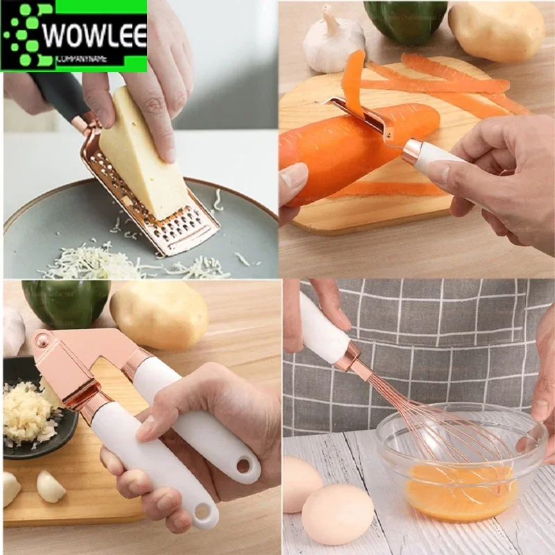 7PCS Rose Gold Garlic Press Pizza Cutter Kitchen Gadget Set Can Opener Potato Cooking High-End ware  Accessories