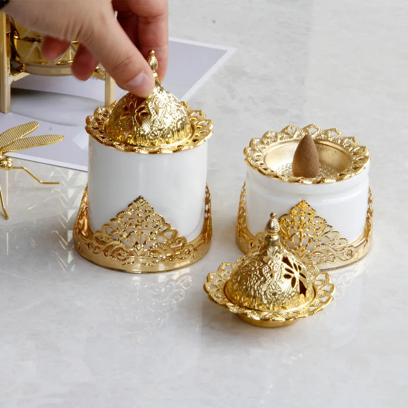 Creative golden lattice wrought iron ceramic combination incense burner aromatherapy furnace furniture decoration ornaments