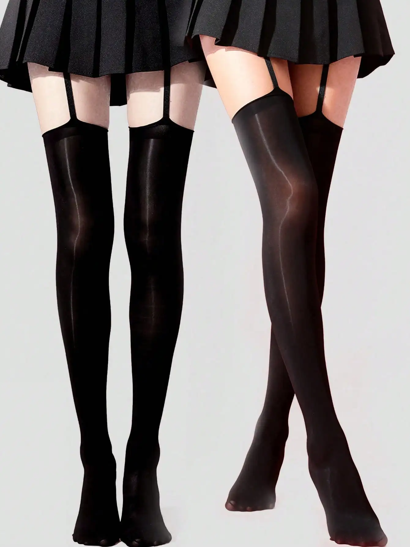 

1 Pair Women's Black Thigh-High Stockings with Garter Straps, Stretchy & Slimming Fit