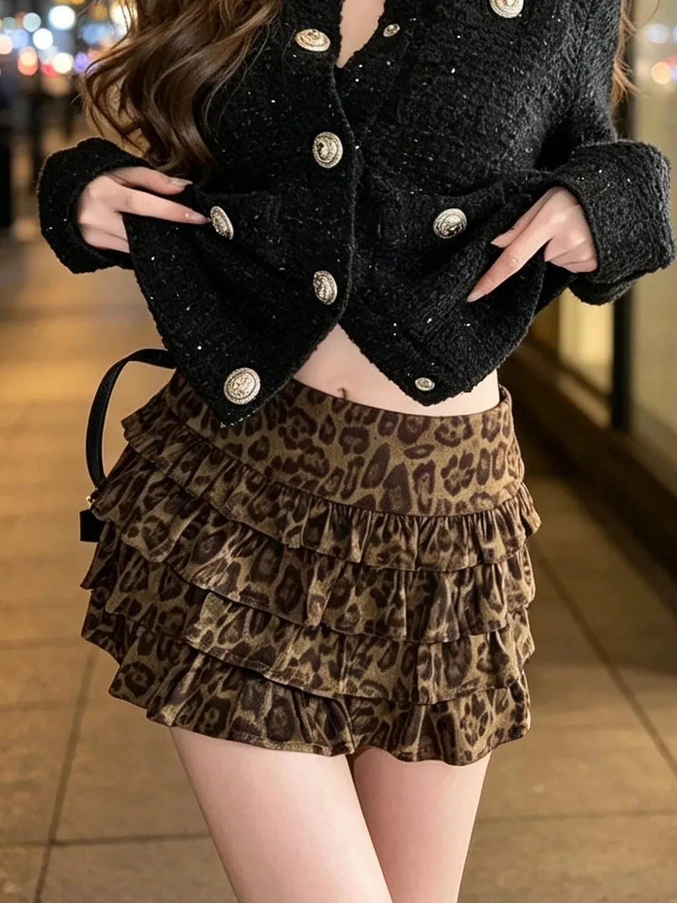 American Style Leopard Print Cake Skirt Women's Slimming Casual Versatile Deer Skin Velvet Short Skirt Fashionable High Waist